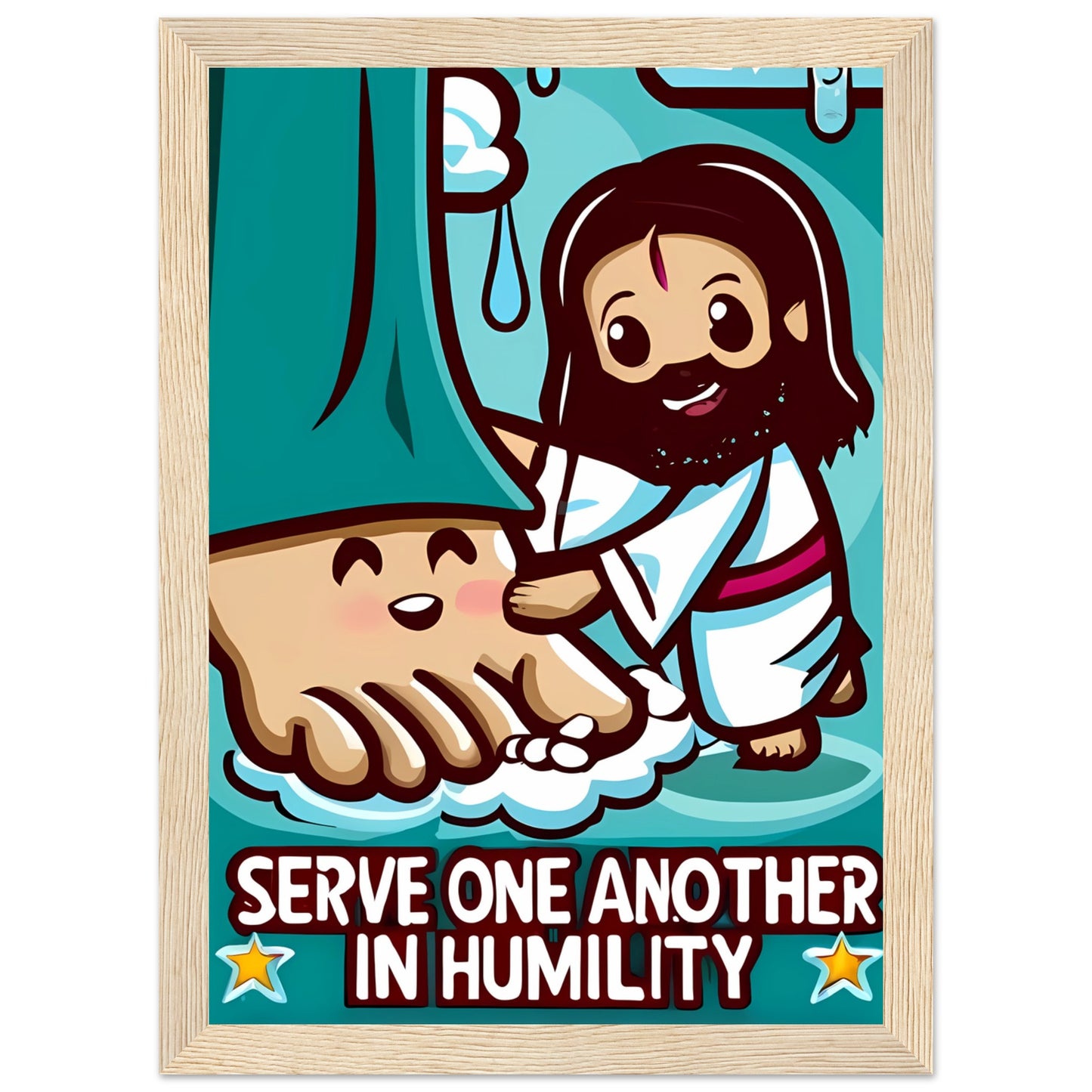 Cartoon Jesus Serve One Another in Humility Framed Poster