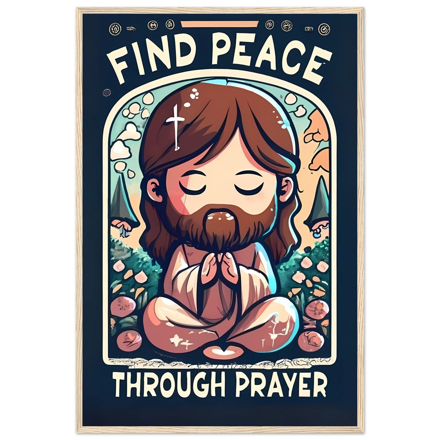 Cartoon Jesus Find Peace Through Prayer Framed Poster