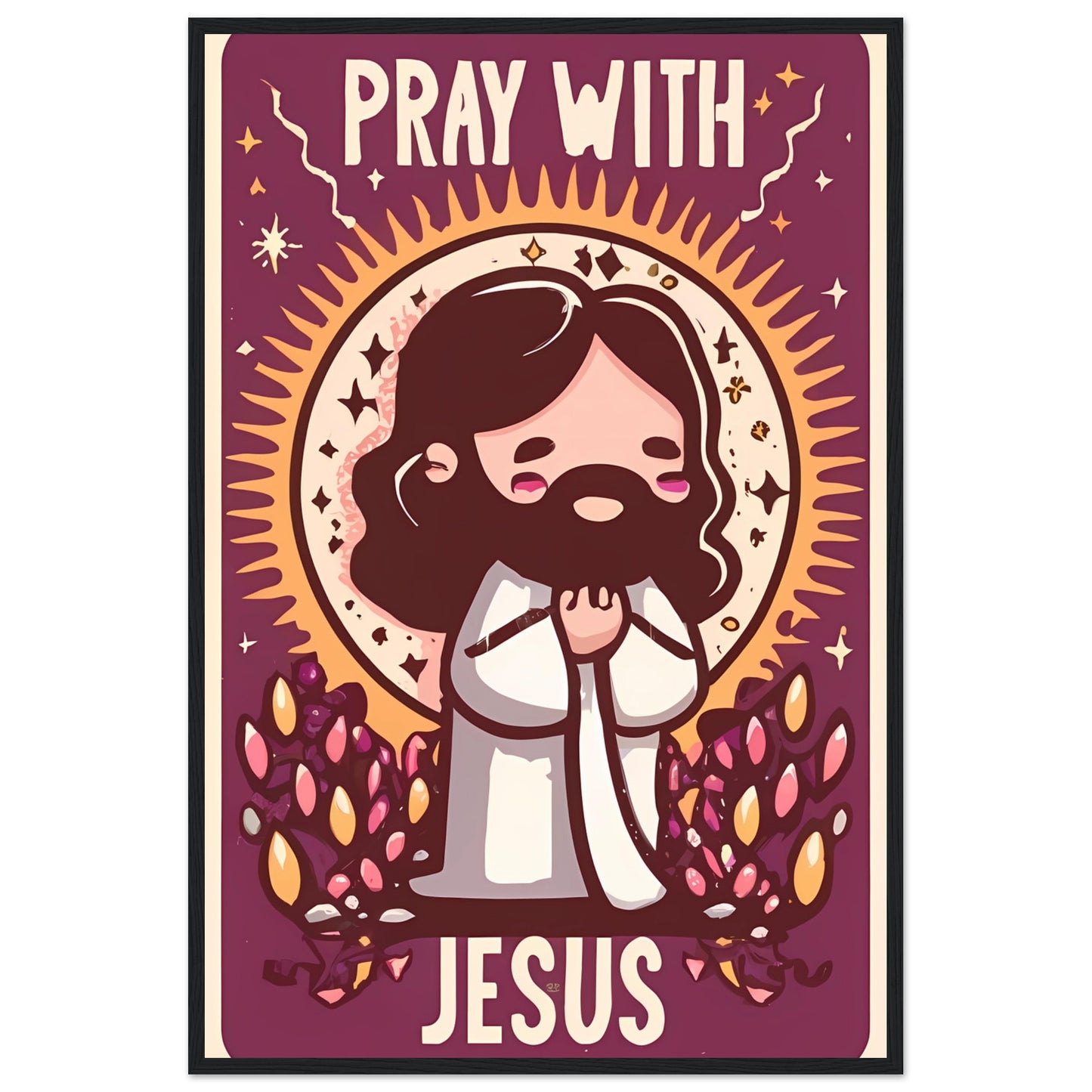 Pray with Jesus Cartoon Chibi Kawaii Jesus Praying Framed Poster