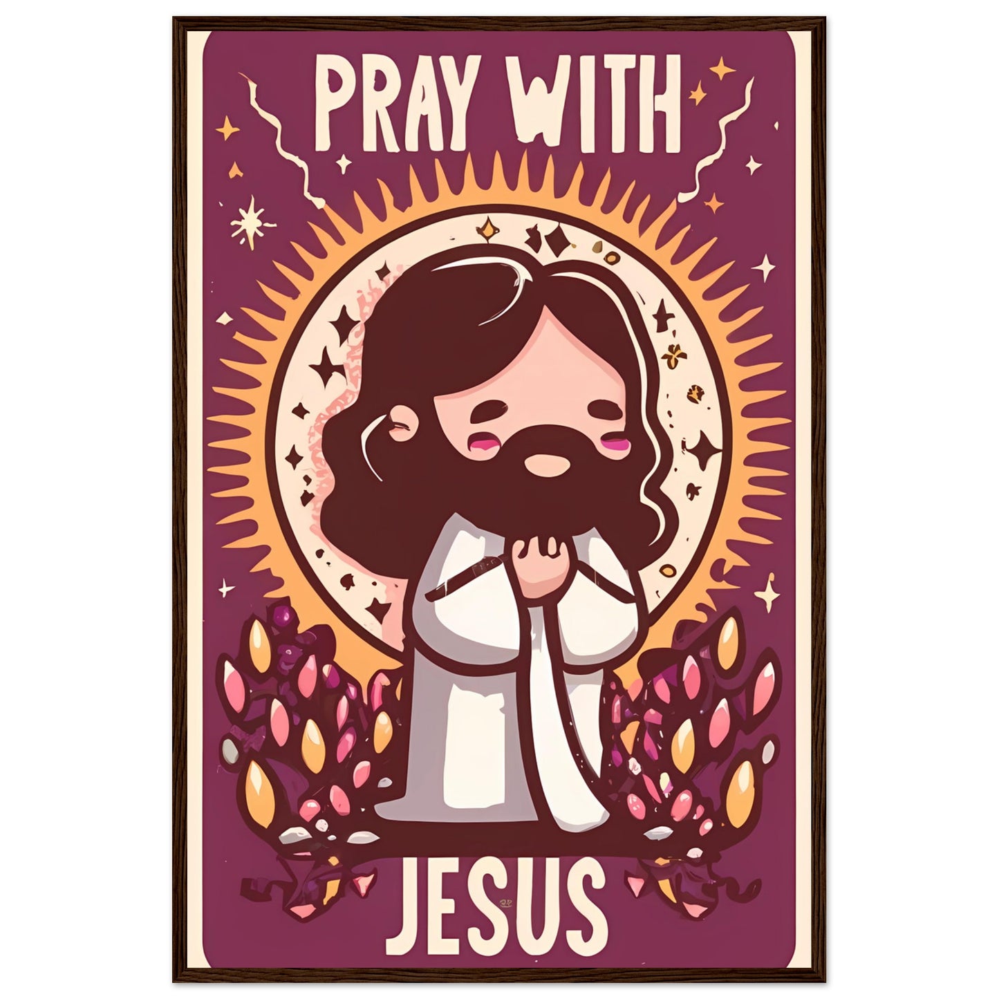 Pray with Jesus Cartoon Chibi Kawaii Jesus Praying Framed Poster
