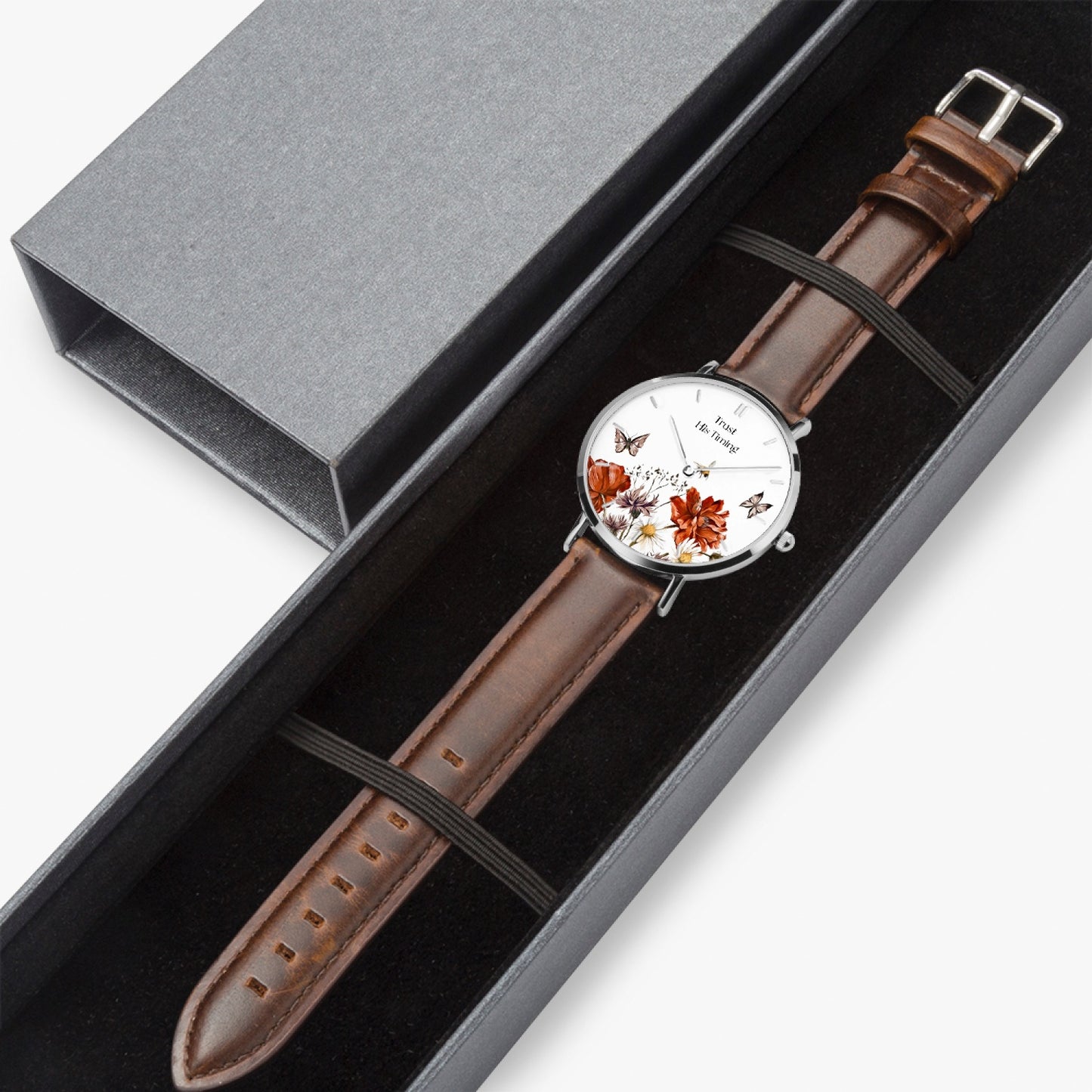 Trust His Timing Floral Christian Leather Strap Quartz Watch