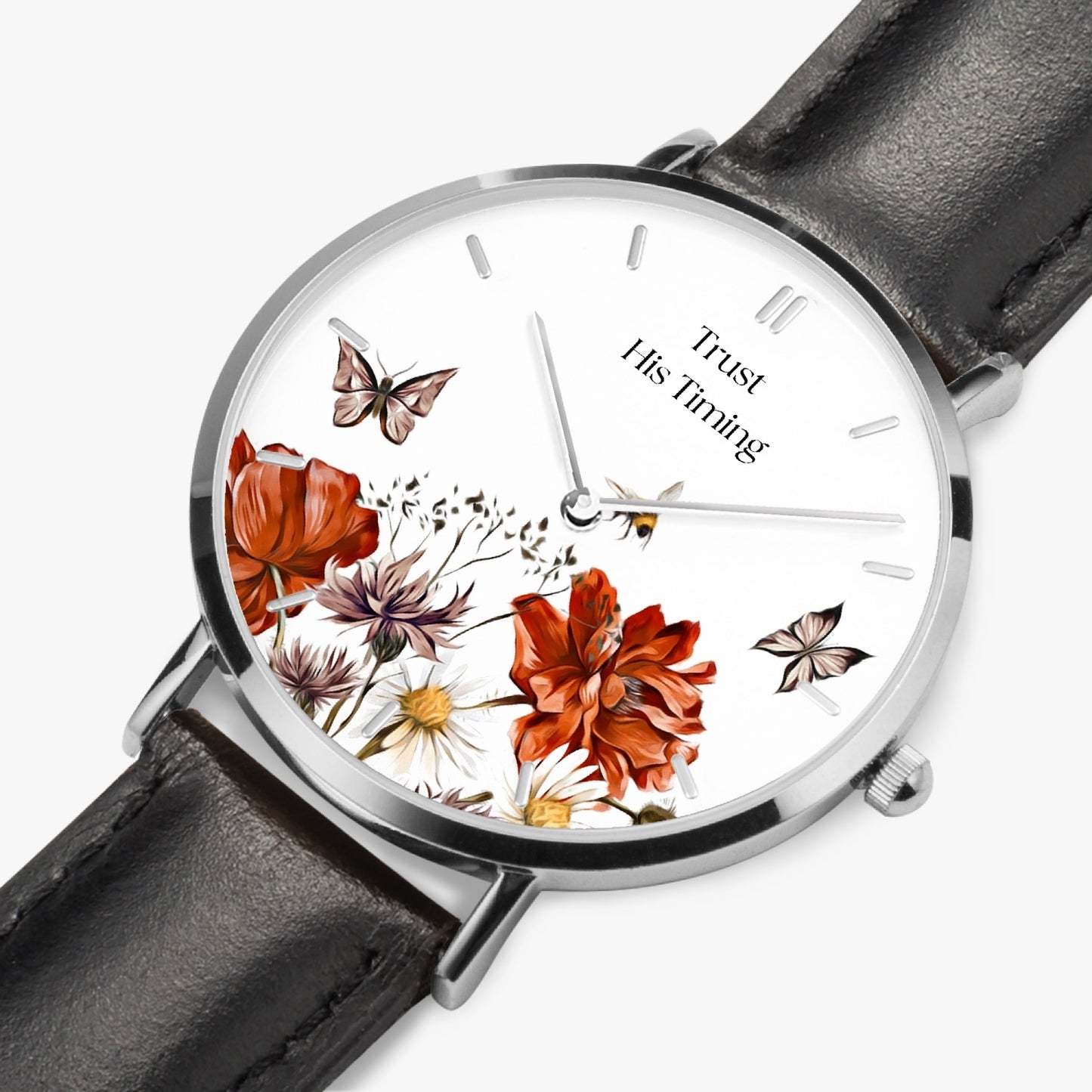 Trust His Timing Floral Christian Leather Strap Quartz Watch