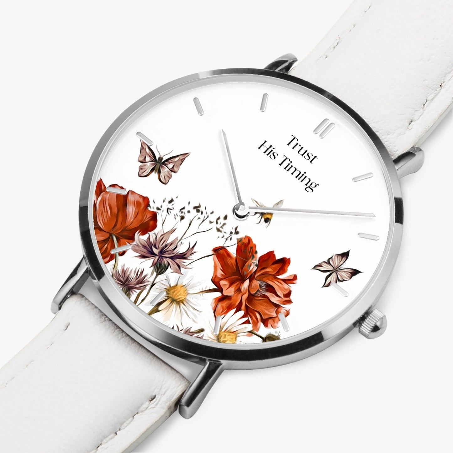 Trust His Timing Floral Christian Leather Strap Quartz Watch
