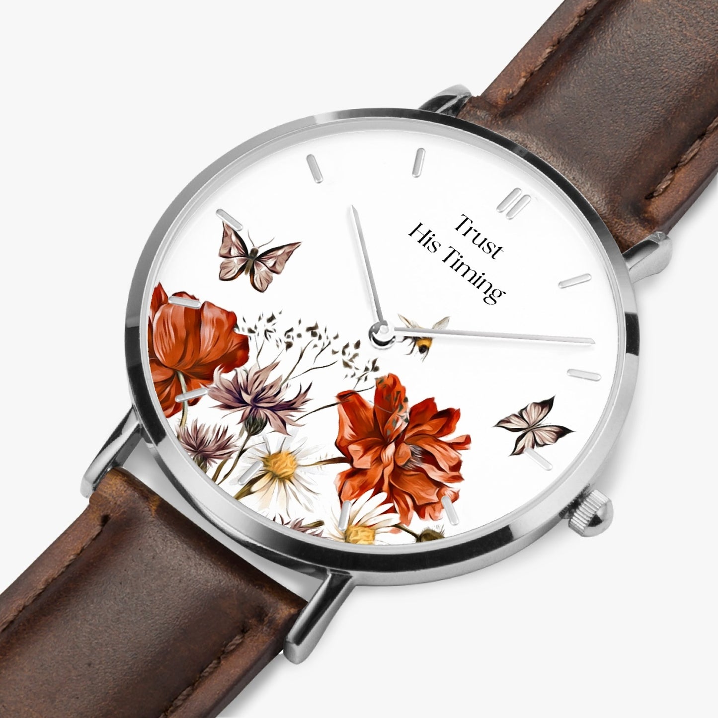 Trust His Timing Floral Christian Leather Strap Quartz Watch