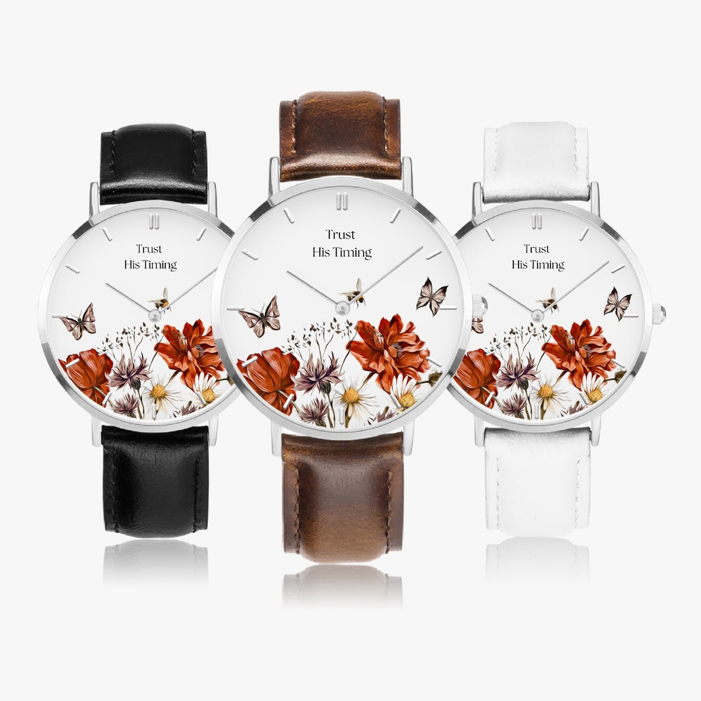 Trust His Timing Floral Christian Leather Strap Quartz Watch