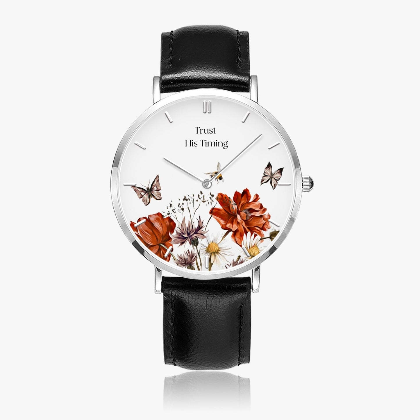Trust His Timing Floral Christian Leather Strap Quartz Watch