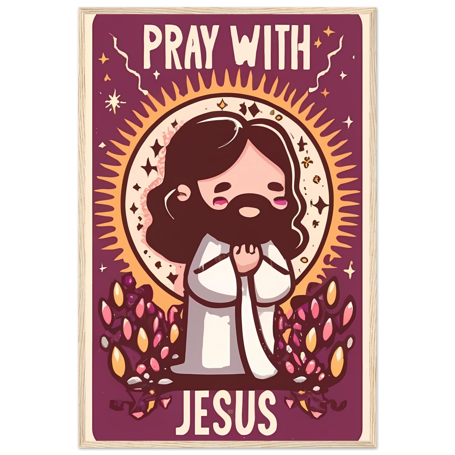 Pray with Jesus Cartoon Chibi Kawaii Jesus Praying Framed Poster