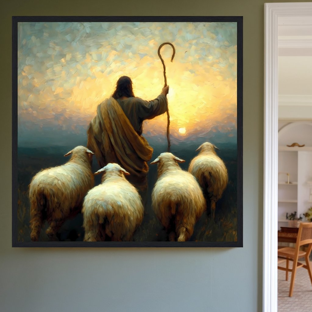 Follow Me, Jesus The Good Shepherd, Sunset Oil painting Framed Print