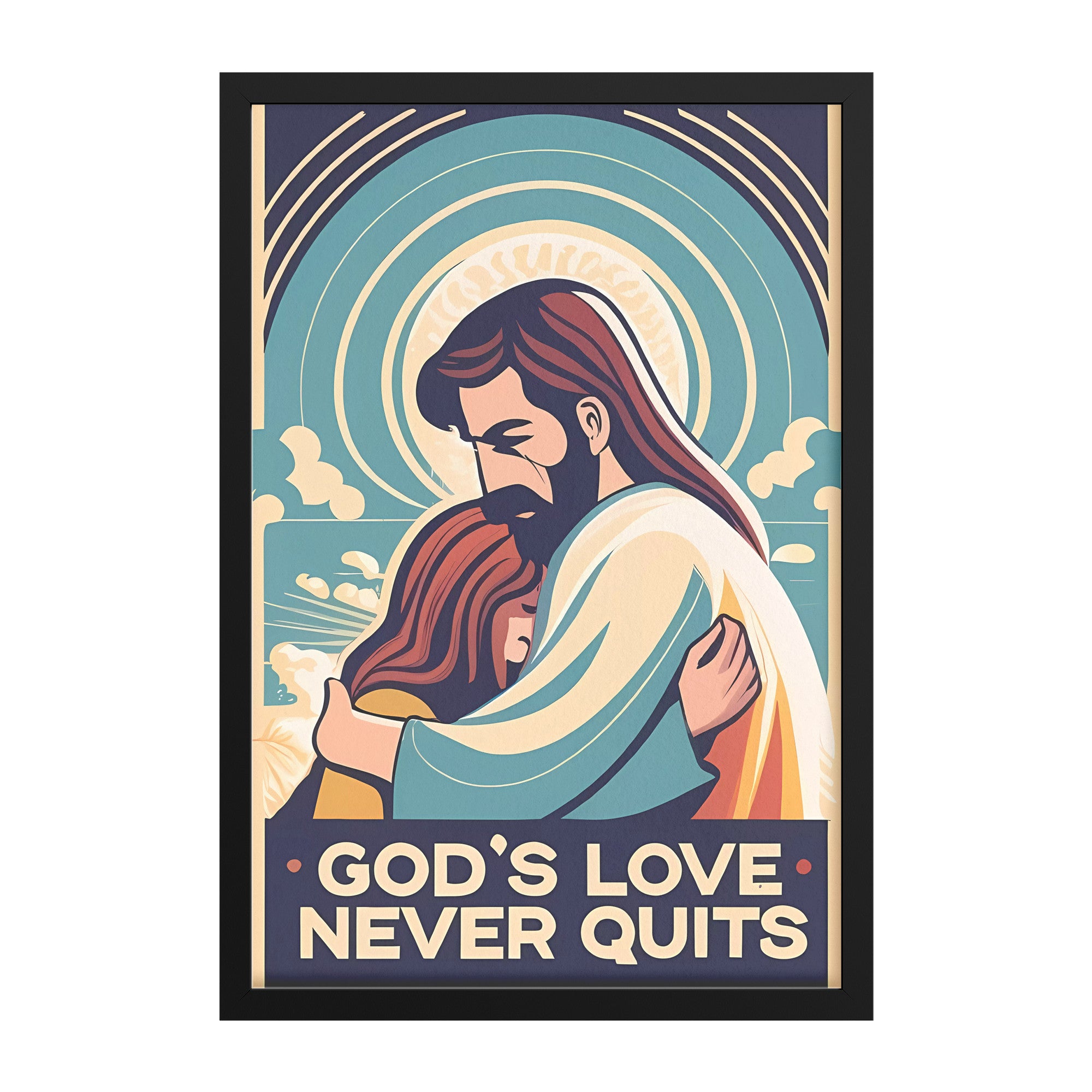 God's Love Never Quits Retro Style Girl Embraced by Jesus Framed Poste ...