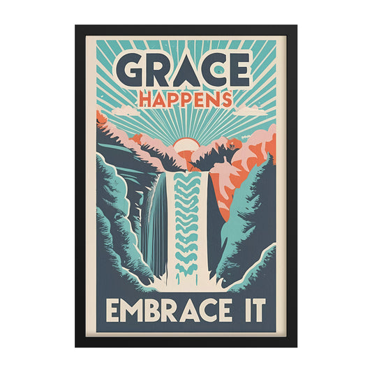 Grace Happens, Embrace It Retro Style Sunrise Waterfall Framed Poster