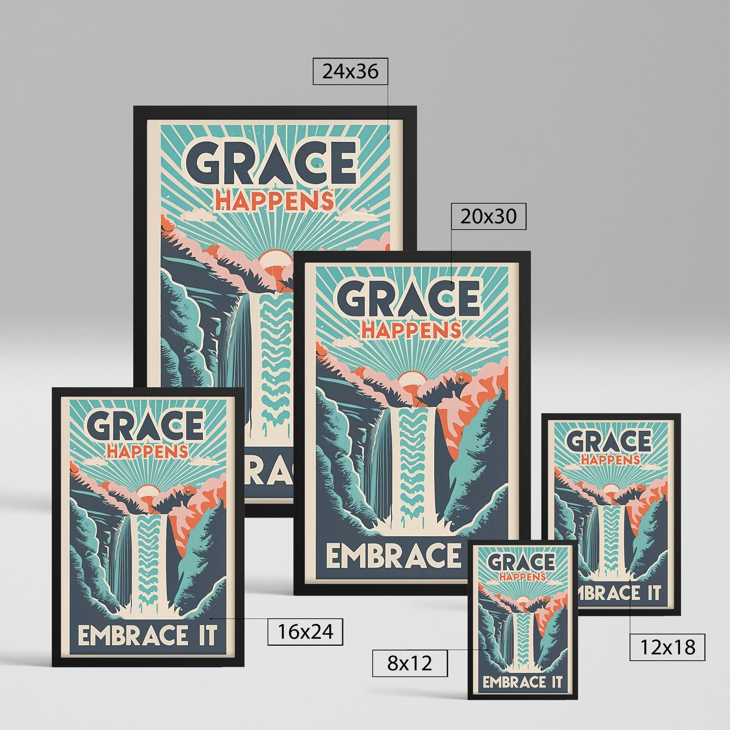 Grace Happens, Embrace It Retro Style Sunrise Waterfall Framed Poster