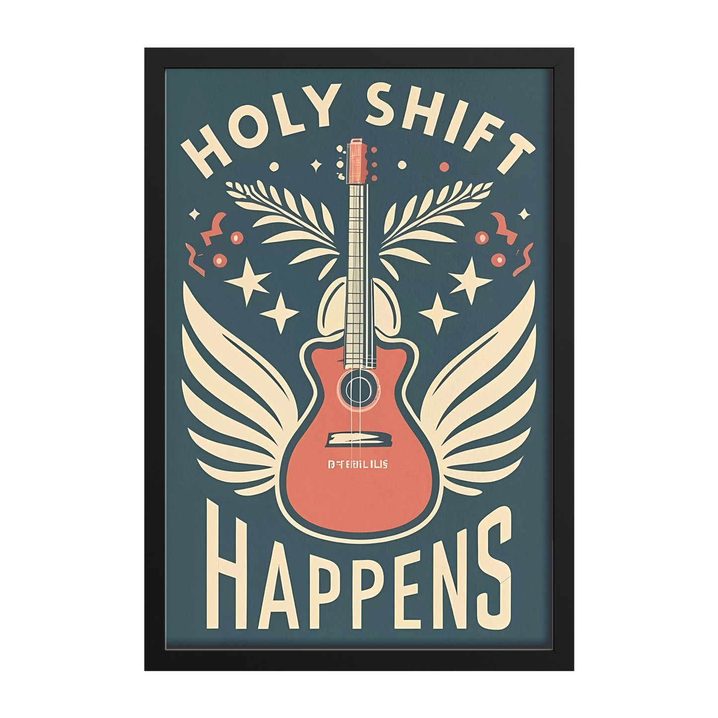 Holy Shift Happens Retro Style Guitar with Wings Framed Poster