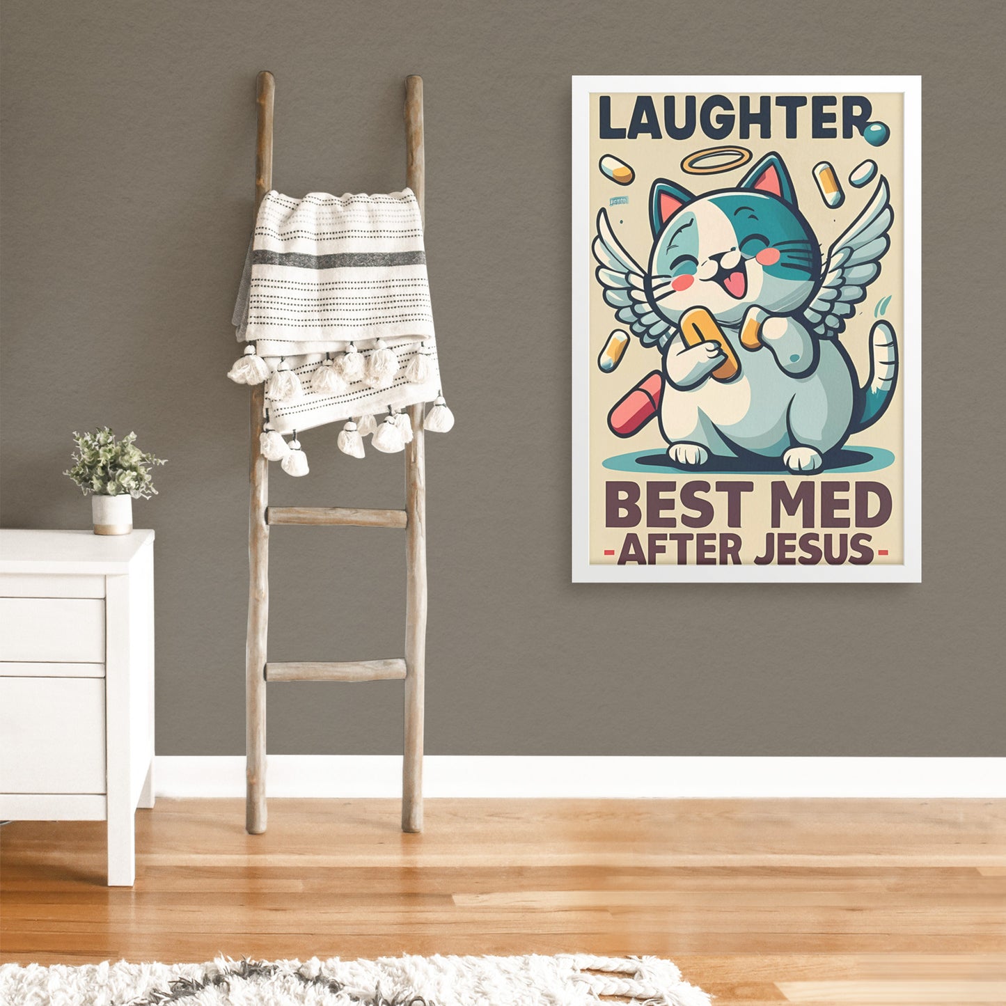 Laughter, Best Med After Jesus Retro Style Kawaii Angel Cat Framed Poster