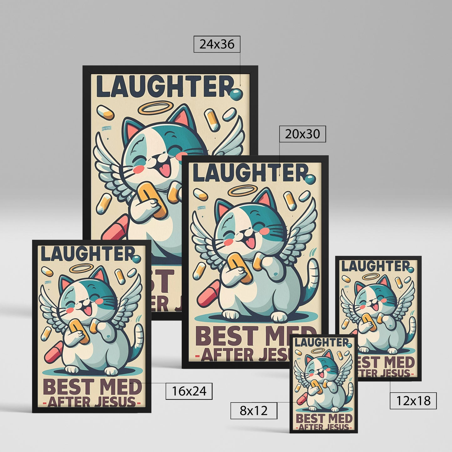 Laughter, Best Med After Jesus Retro Style Kawaii Angel Cat Framed Poster