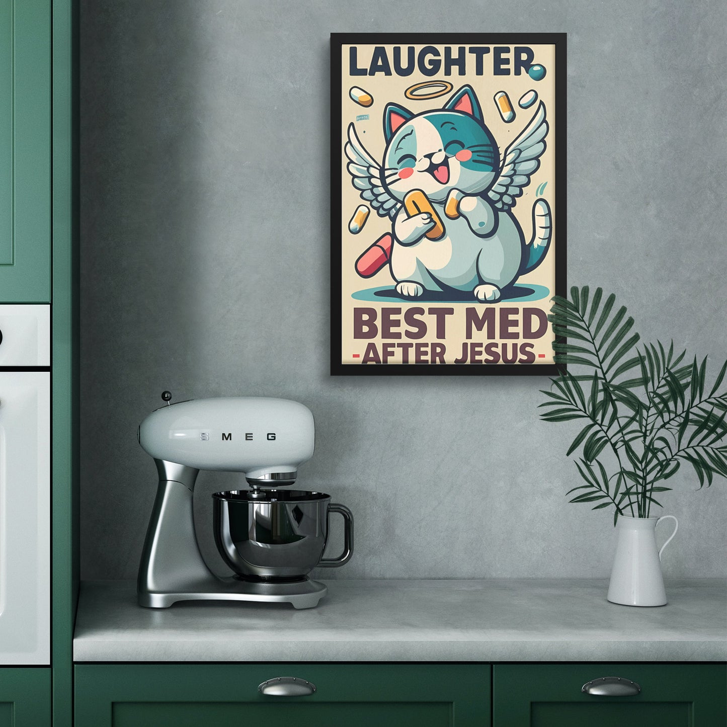Laughter, Best Med After Jesus Retro Style Kawaii Angel Cat Framed Poster