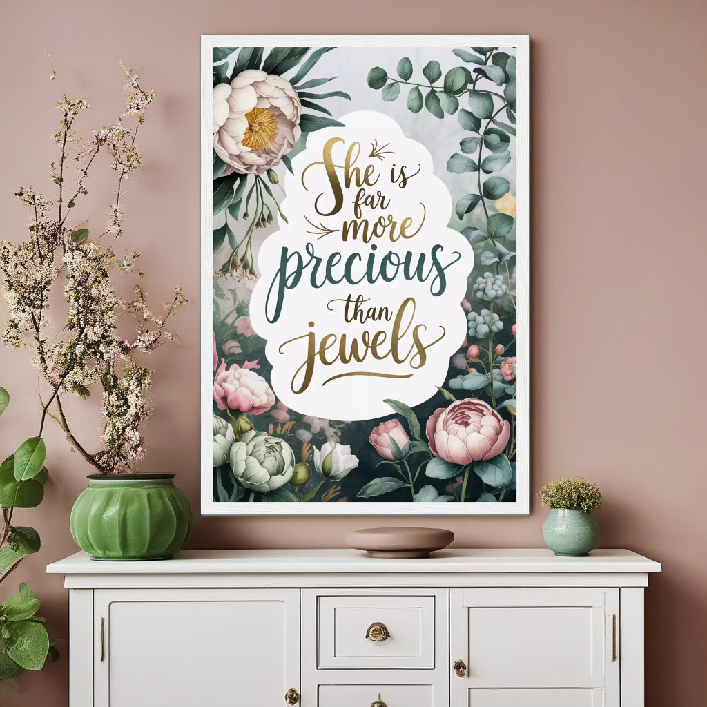 More Precious Than Jewels | Gold Foil Scripture Botanical Print