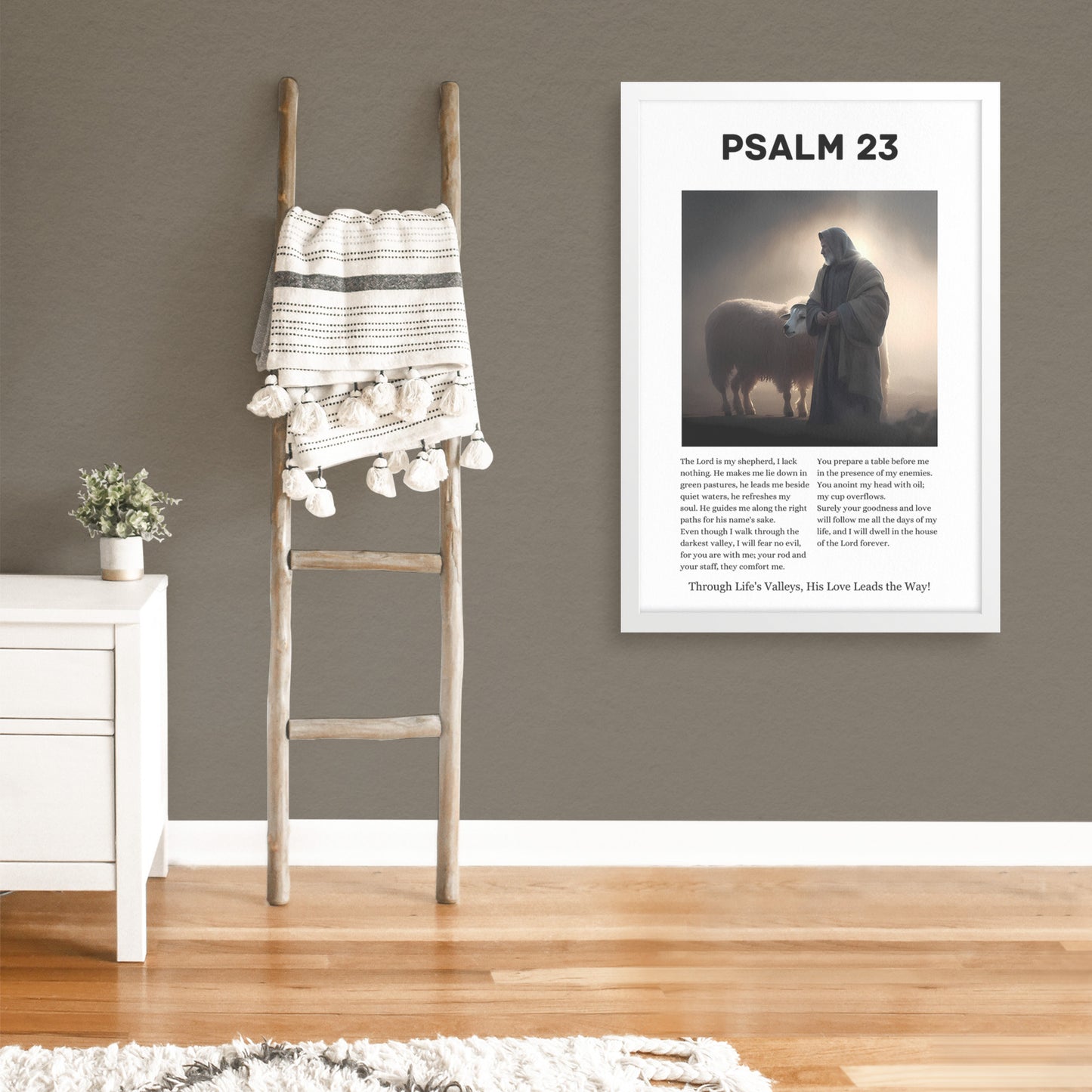 Psalm 23 Shepherd and Sheep Illustration Framed Art Print