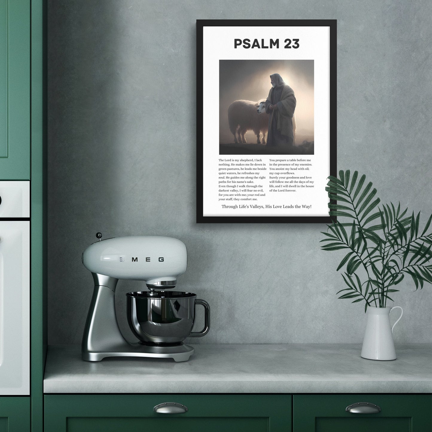 Psalm 23 Shepherd and Sheep Illustration Framed Art Print