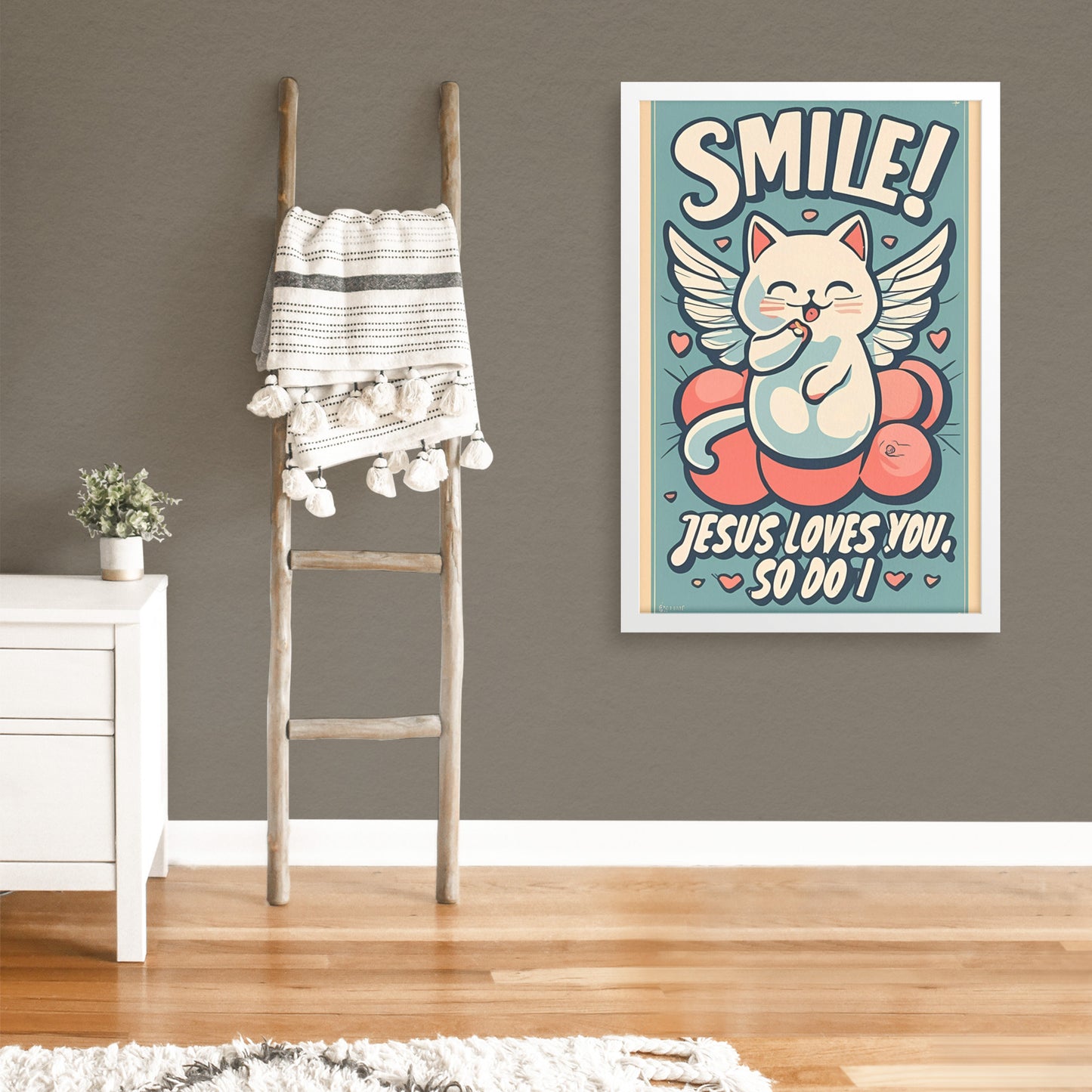 Smile! Jesus Loves You, So Do I Retro Style Kawaii Angel Cat Framed Poster