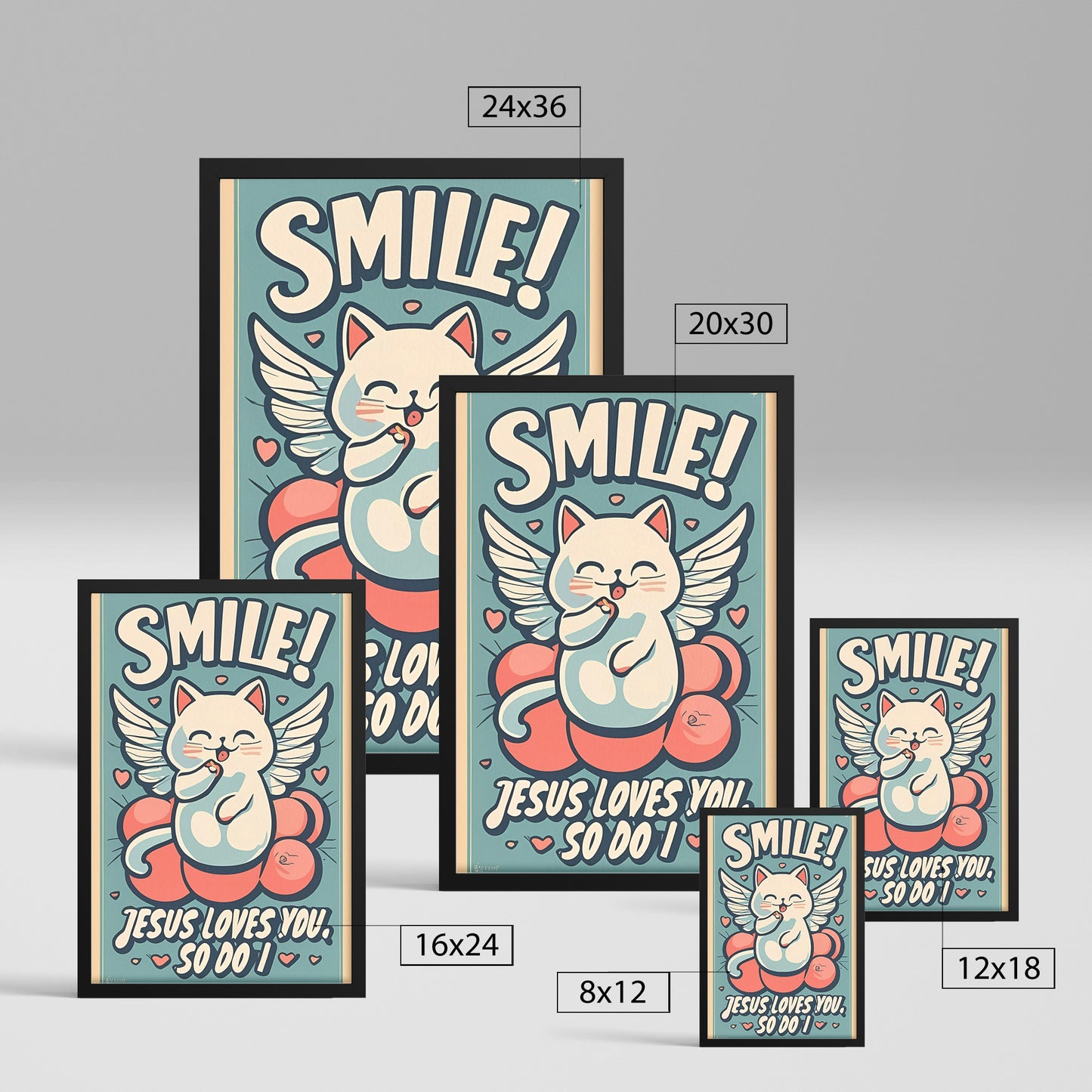 Smile! Jesus Loves You, So Do I Retro Style Kawaii Angel Cat Framed Poster