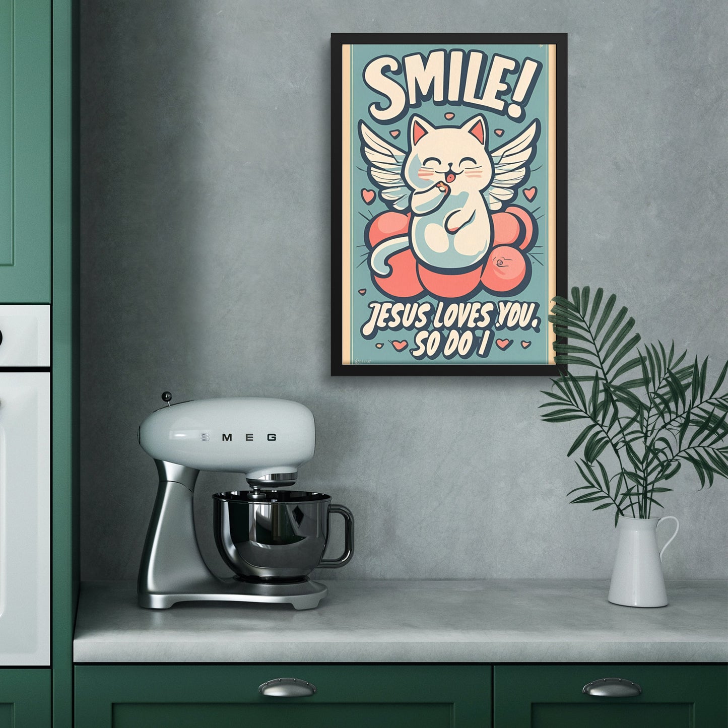 Smile! Jesus Loves You, So Do I Retro Style Kawaii Angel Cat Framed Poster