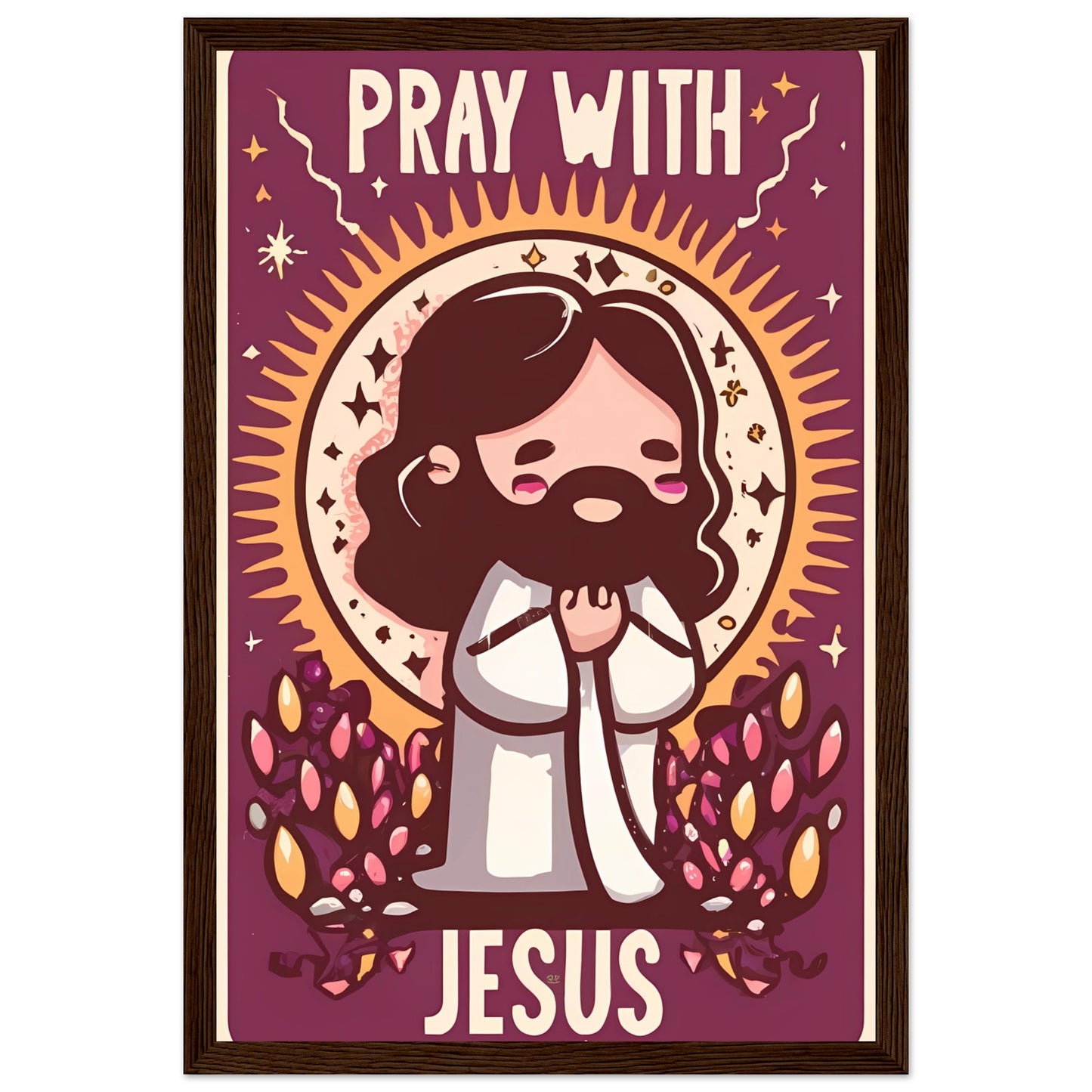 Pray with Jesus Cartoon Chibi Kawaii Jesus Praying Framed Poster
