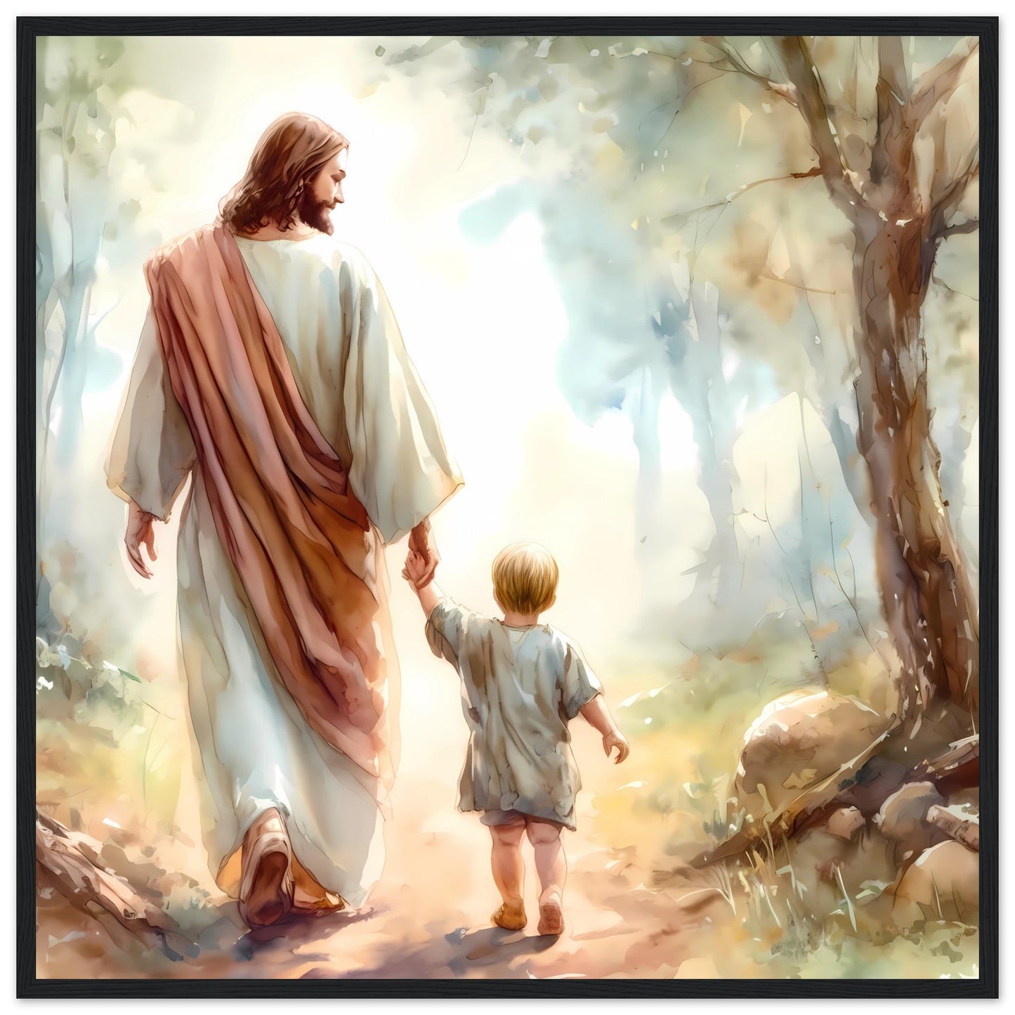 Jesus as a Guardian Holding Hand with a Child Framed Print