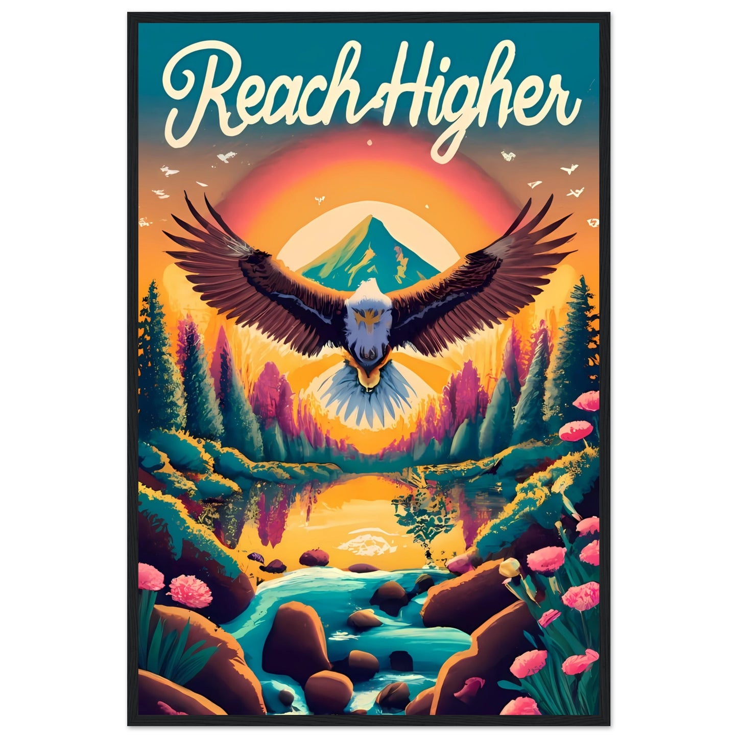 Reach Higher Retro Style Framed Poster with Isaiah 40:31, Eagle Flying, Sunset