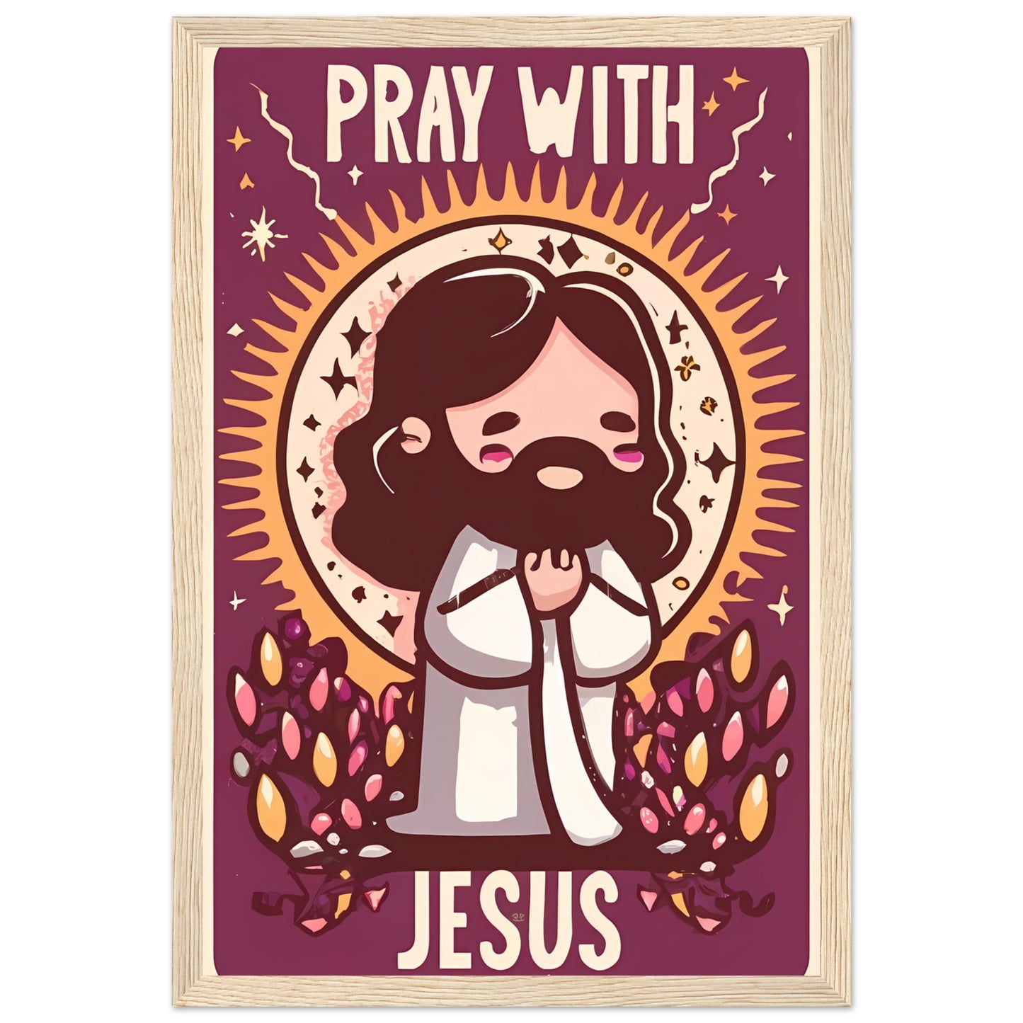 Pray with Jesus Cartoon Chibi Kawaii Jesus Praying Framed Poster
