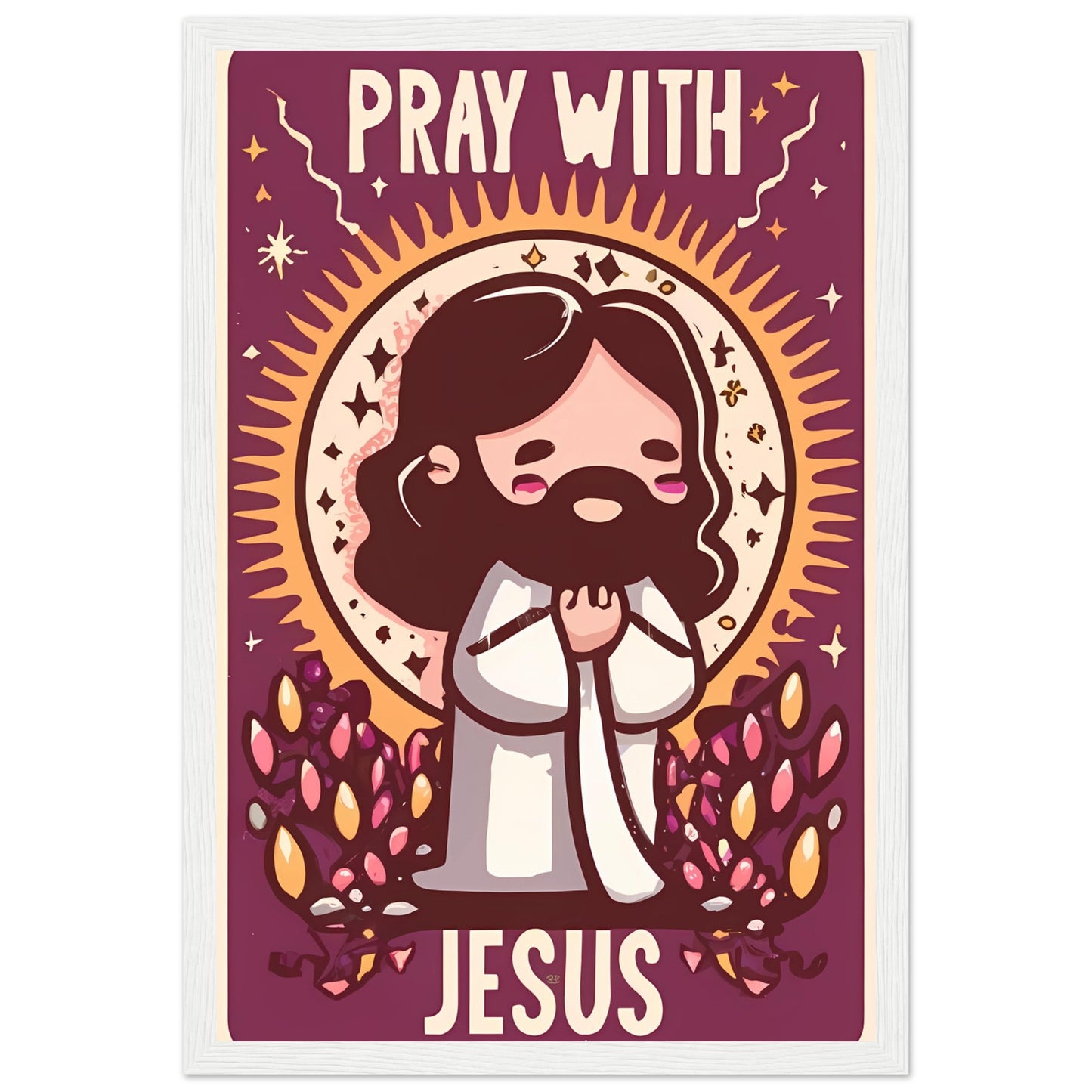 Pray with Jesus Cartoon Chibi Kawaii Jesus Praying Framed Poster