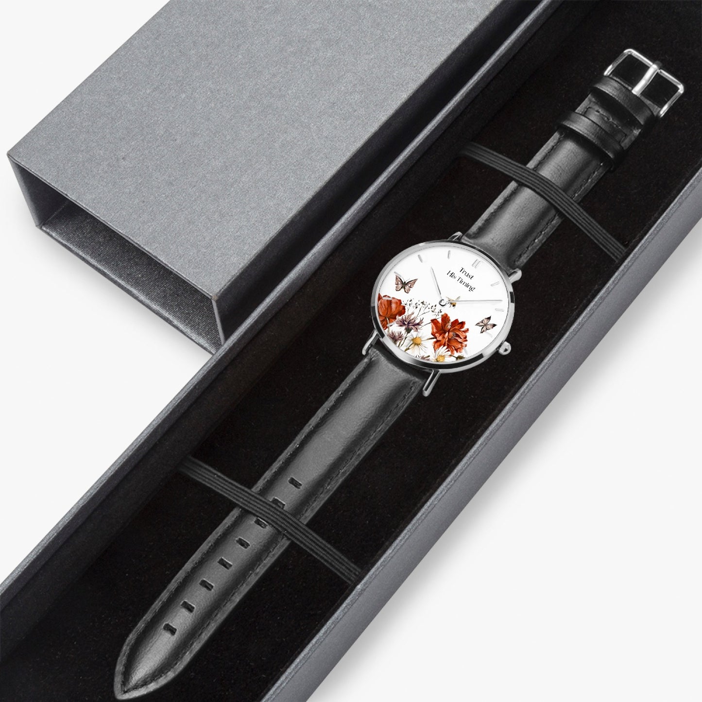 Trust His Timing Floral Christian Leather Strap Quartz Watch