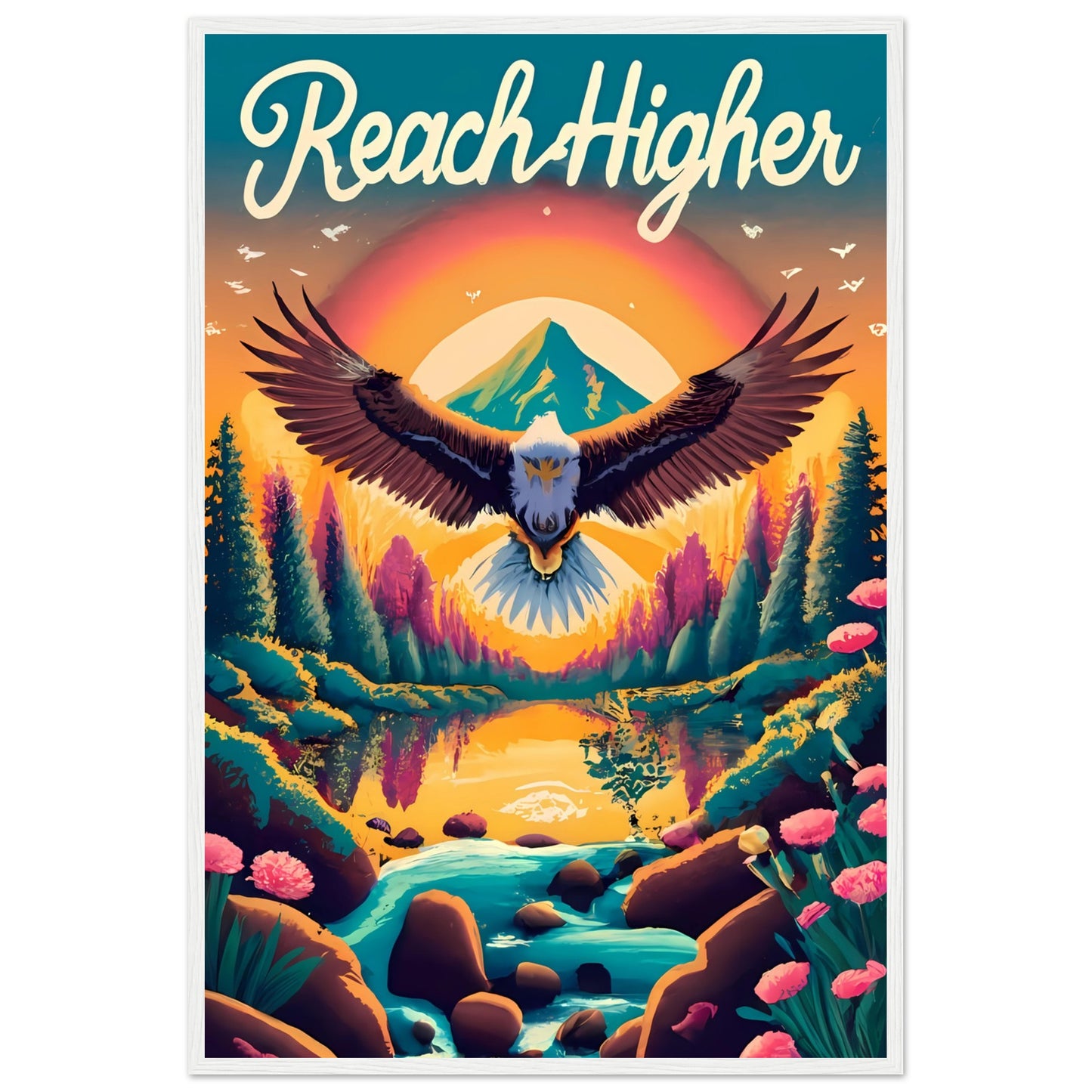 Reach Higher Retro Style Framed Poster with Isaiah 40:31, Eagle Flying, Sunset