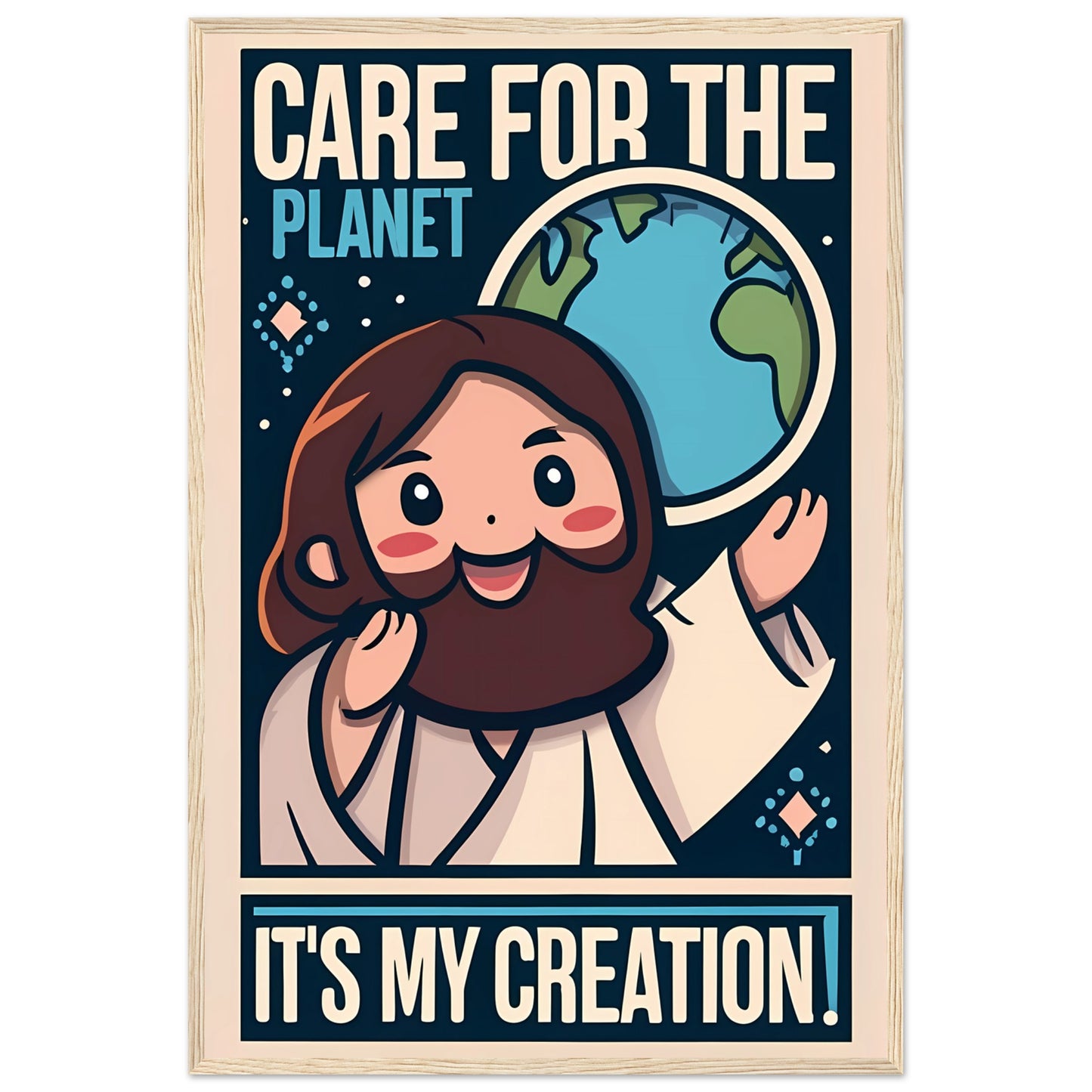 Cartoon Jesus Care for the Planet Framed Poster